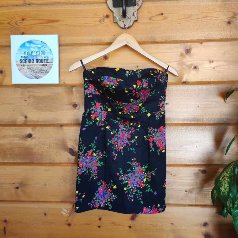 Free People 💜 Poison Apple Black Floral Mini Dress Strapless Shirred Pleated 4